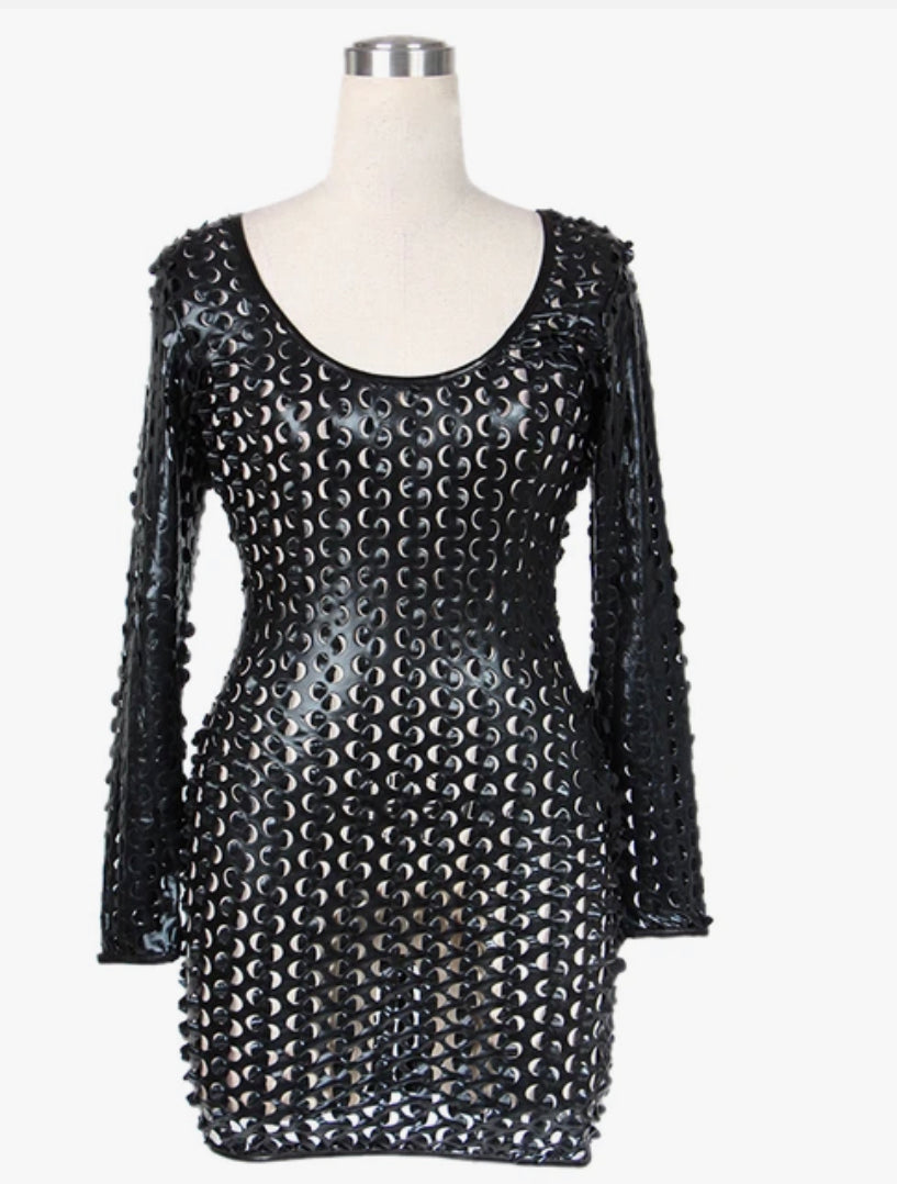 METALLIC BLACK, Long sleeve mini dress