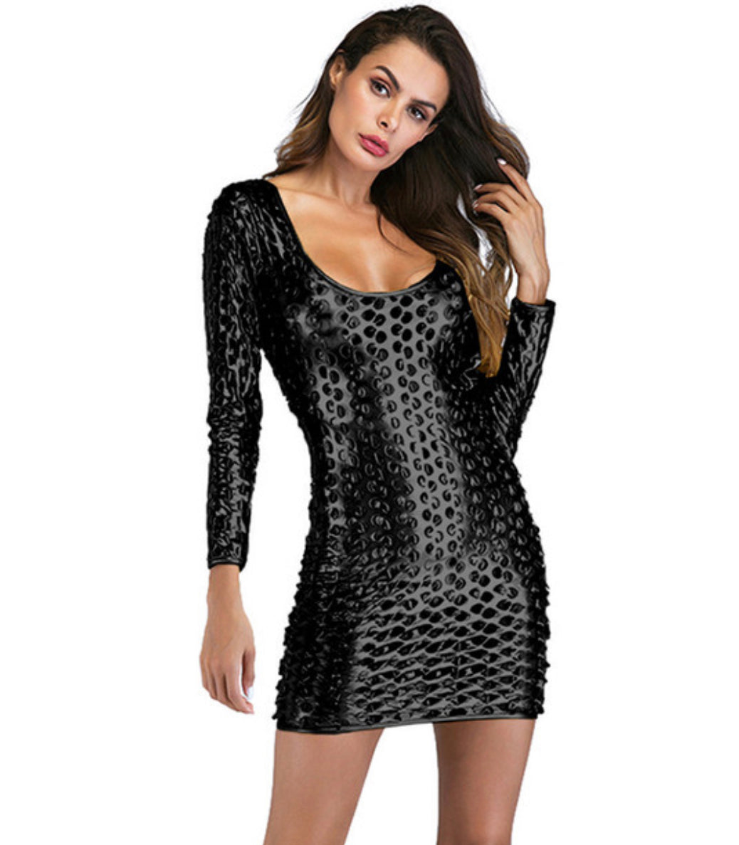 METALLIC BLACK, Long sleeve mini dress